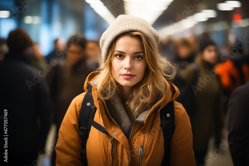 Woman in brown jacket and hat is standing in crowd.