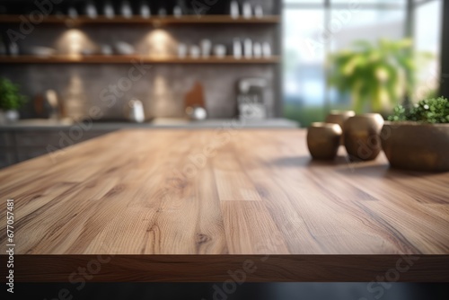 A modern kitchen with empty wooden table top, on a blurred background. Shallow depth of field, selective focus, mockup for montage your text or product, copy space