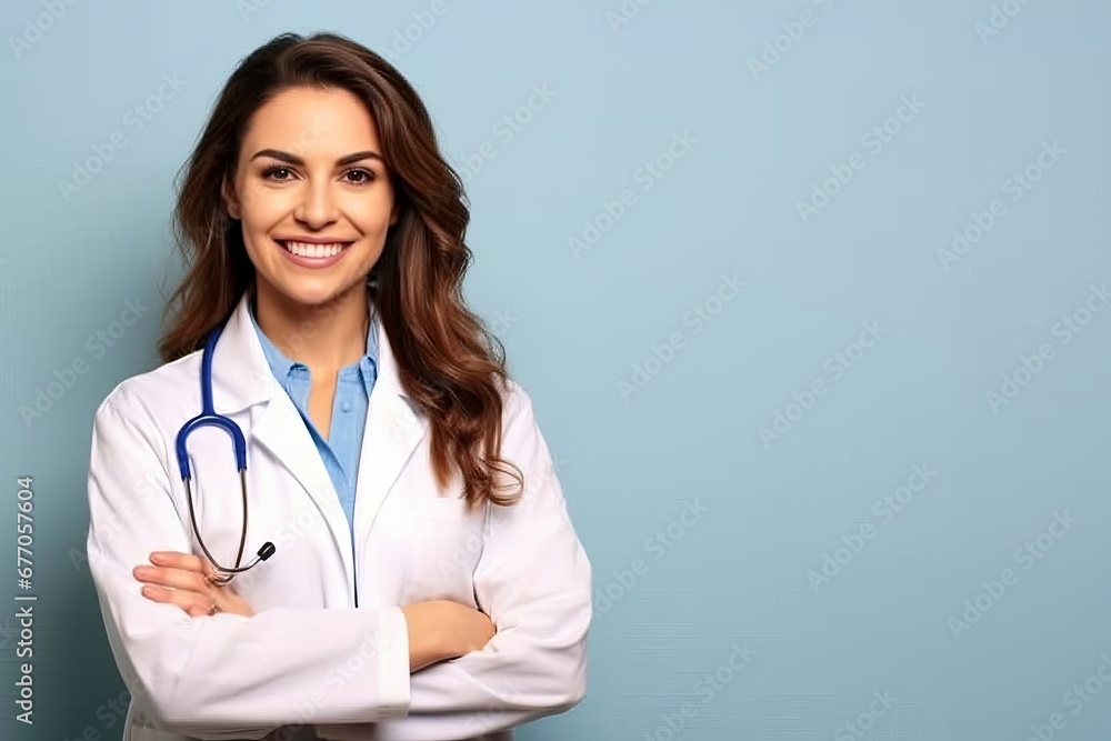 A portrait of young happy pretty smiling healthcare professional woman, happy confident positive standing against the backdrop of a solid light blue background, arms crossed. Copy space A portrait of young happy pretty smiling healthcare professional woman, happy confident positive standing against the backdrop of a solid light blue background, arms crossed. Copy space