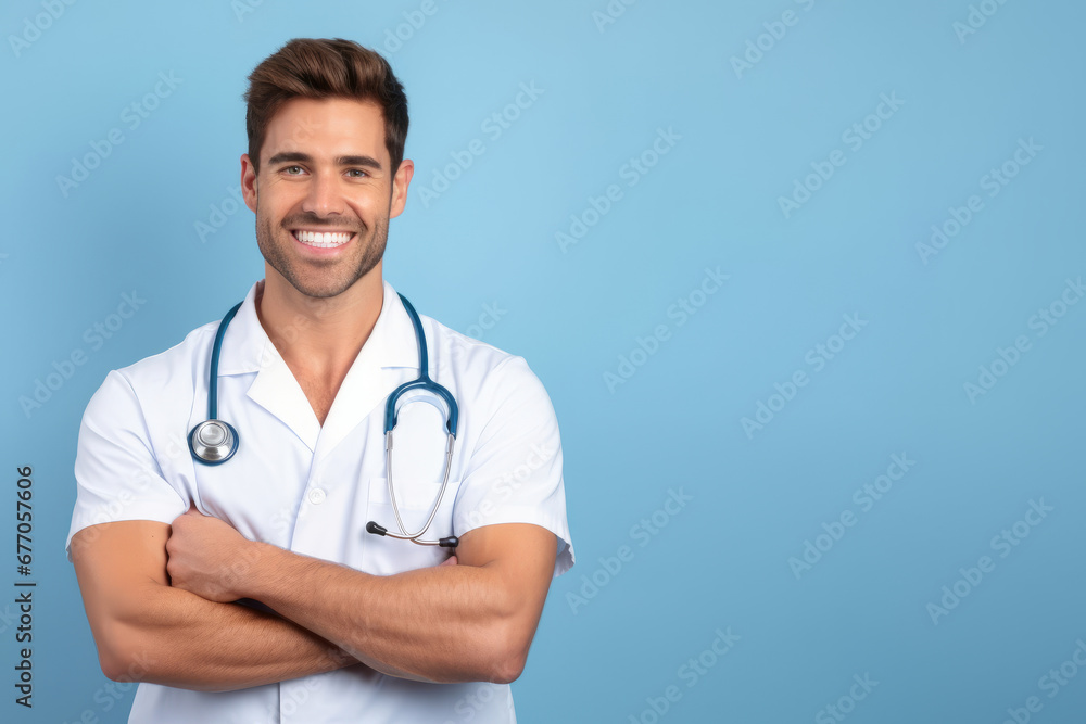 A portrait of young happy pretty smiling healthcare professional man, happy confident positive standing against the backdrop of a solid light blue background, arms crossed. Copy space A portrait of young happy pretty smiling healthcare professional man, happy confident positive standing against the backdrop of a solid light blue background, arms crossed. Copy space