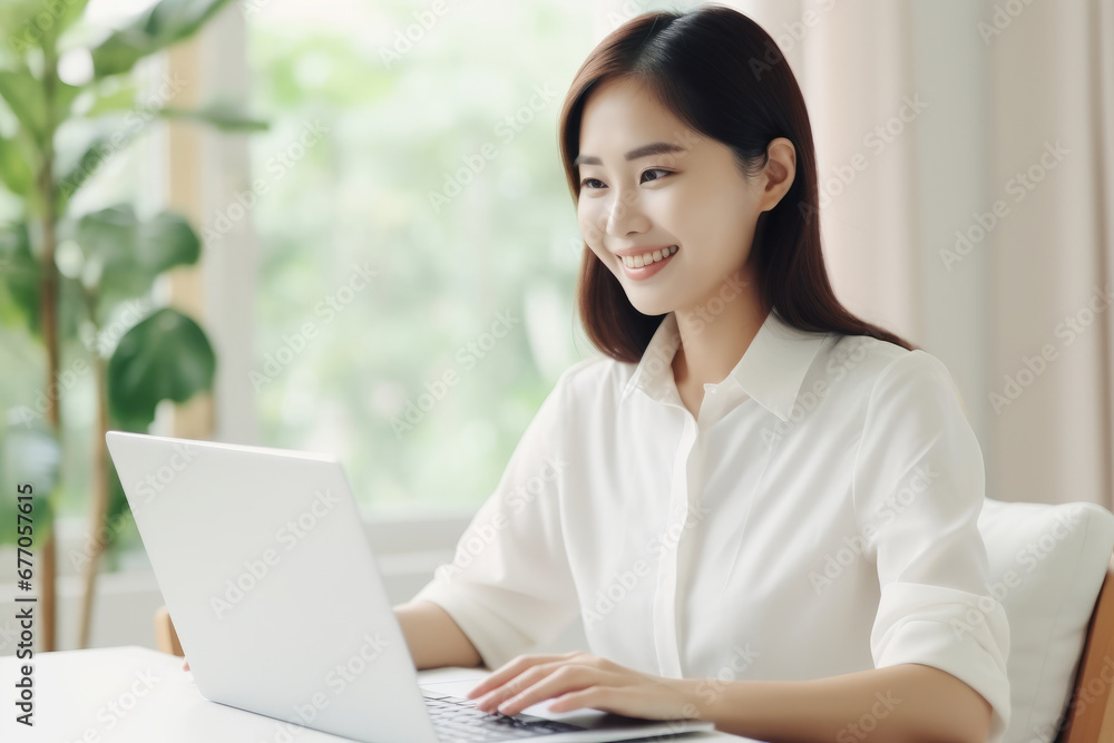 Beautiful asian woman in the white shirt is smiling and working on her laptop at home. Shallow depth of field, selective focus Beautiful asian woman in the white shirt is smiling and working on her laptop at home. Shallow depth of field, selective focus