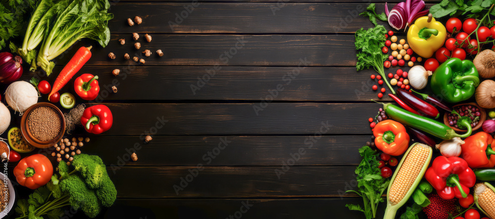 Top view on a various vegetables, on a dark wooden table. Copy space, Flat lay, Banner