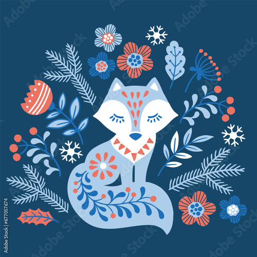 Vector hand drawn illustration of animals in Nordic style lagom. Silhouette of fox among flowers in Folk Scandinavian style on blue background