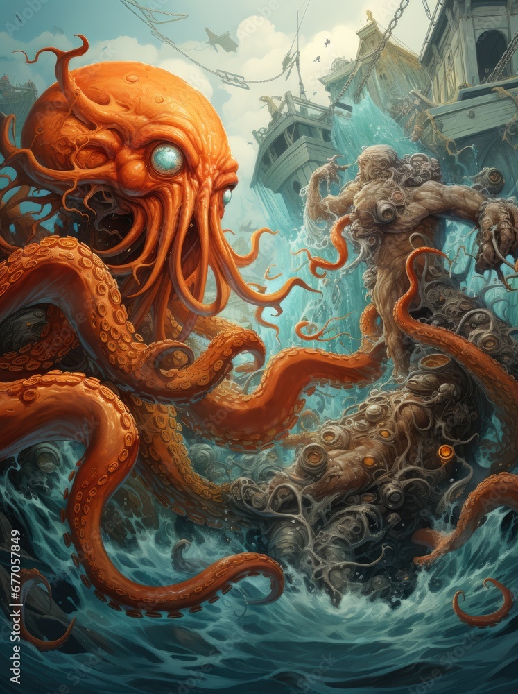Obraz premium Octopus vs Ship: The Epic Battle of the Deep Sea