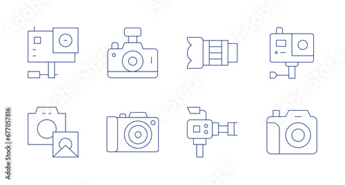 Camera icons. Editable stroke. Containing camera lens, video camera, gopro, photo camera, action camera.