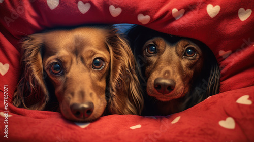 Two dogs peeking out from heart motif blanket photo