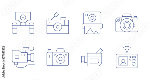 Camera icons. Editable stroke. Containing instant camera, video camera, photo camera, intercom, robot, reporter, camera.