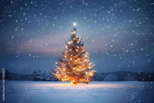 A christmas tree is lit up in the snow. Generative AI.