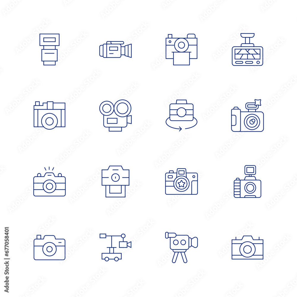 Camera line icon set on transparent background with editable stroke. Containing camera flash, video camera, photo camera, camera crane, dash cam, camera, instant camera, rotate camera.