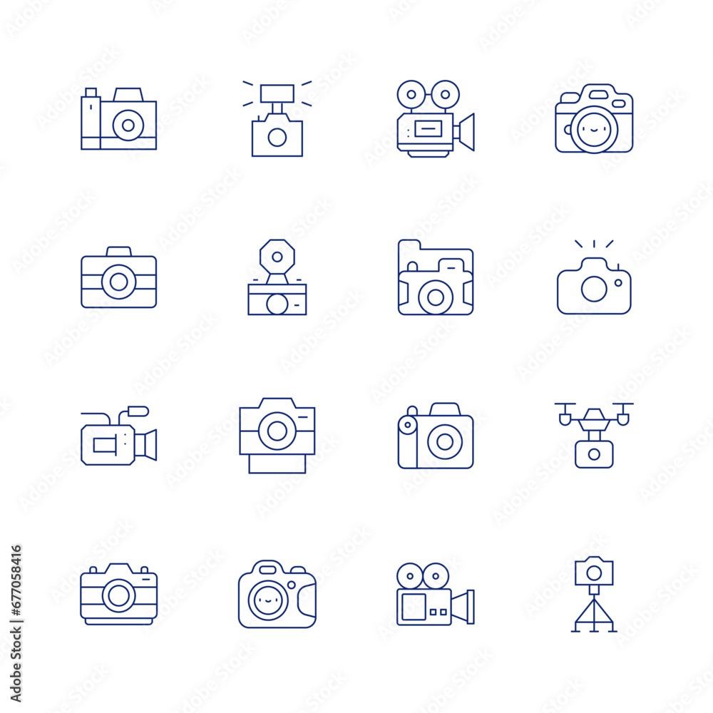 Camera line icon set on transparent background with editable stroke. Containing photo camera, video camera, camera flash, camera, camera drone.