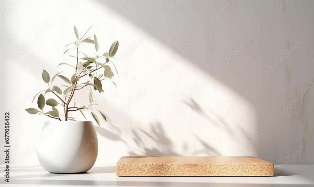 Modern, minimal square wooden podium tray on glossy white table counter, vase of tree twig, leaf shadow on wall background for luxury beauty, cosmetic, organic, nature, fashion, Generative AI - obrazy, fototapety, plakaty 
