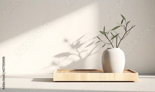 Modern, minimal square wooden podium tray on glossy white table counter, vase of tree twig, leaf shadow on wall background for luxury beauty, cosmetic, organic, nature, fashion, Generative AI
