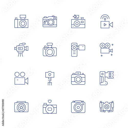 Camera line icon set on transparent background with editable stroke. Containing photo camera, video camera, camera tripod, live streaming, film, photography, underwater camera, camera.