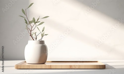 Modern, minimal square wooden podium tray on glossy white table counter, vase of tree twig, leaf shadow on wall background for luxury beauty, cosmetic, organic, nature, fashion, Generative AI