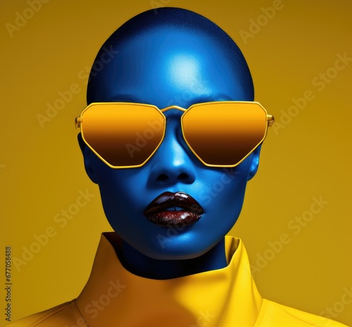 A Woman with Vibrant Blue Skin and Stylish Yellow Sunglasses