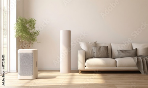 White modern design air purifier, dehumidifier in beige wall living room, cream suede leather sofa, brown cushion, wood parquet floor in sunlight for healthcare, health technology, Generative AI photo