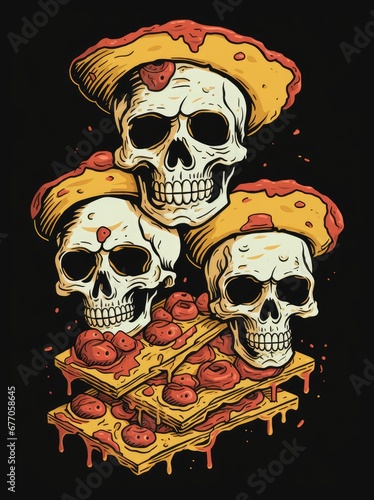 Three Skulls Celebrating the Day of the Dead with Sombreros and Pizza photo