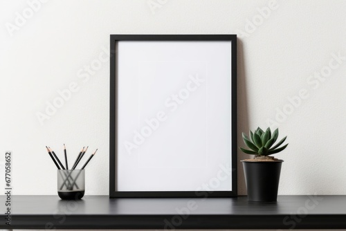 Black thin poster frame 5x7 on the table. Minimal mockup, Generative AI
