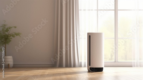 White modern design air purifier, dehumidifier on floor in beige brown wall room, gray and black curtain drapery in sunlight from window. Fresh air, healthcare, health technology background, Generativ photo