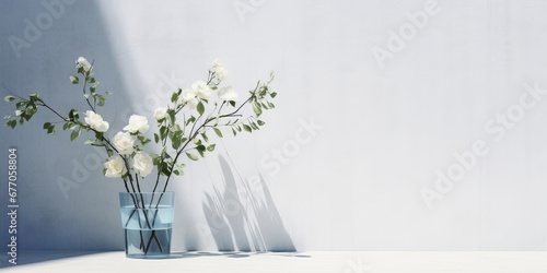 3D Transparent blue glass vase with white rose flower, bouquet of green tree twig in outdoor sunlight on concrete counter and wall for luxury interior, Generative AI photo