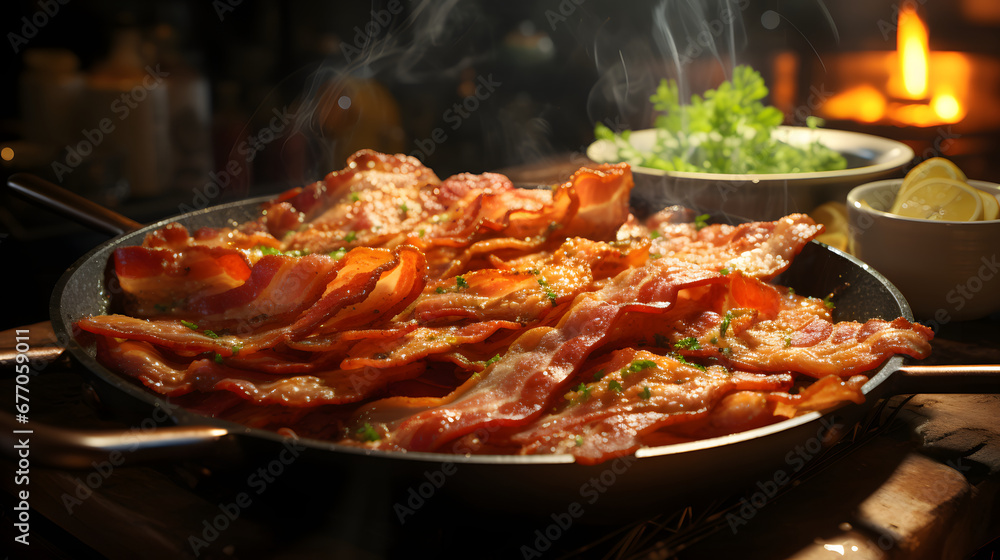 bacon on a skillet, crispy hot and ready - Cooked bacon on a skillet	