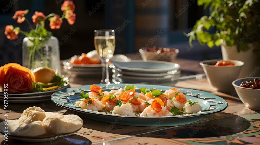 Delicious peruvian ceviche of shrimp and fish with vegetables, spices and lime close up on a plate	