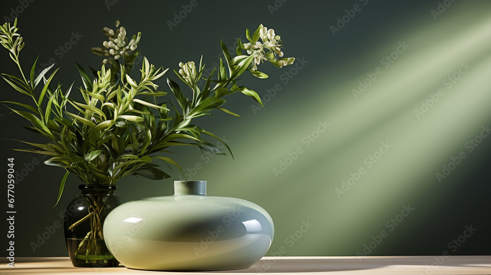 Studio background, houseplant on shelf with shadow leaves and sunlight on green wall,Banner for cosmetic product presentation,Generative Ai. Studio background, houseplant on shelf with shadow leaves and sunlight on green wall,Banner for cosmetic product presentation,Generative Ai.