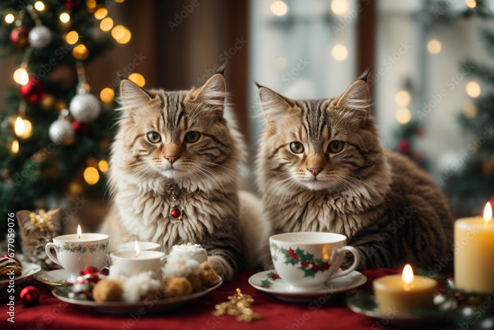 Two fluffy cats sit on the background of a Christmas tree at a table with cookies and lit candles