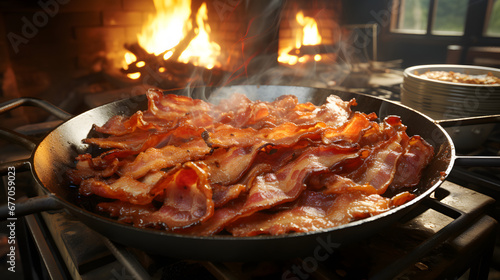 bacon on a skillet, crispy hot and ready - Cooked bacon on a skillet