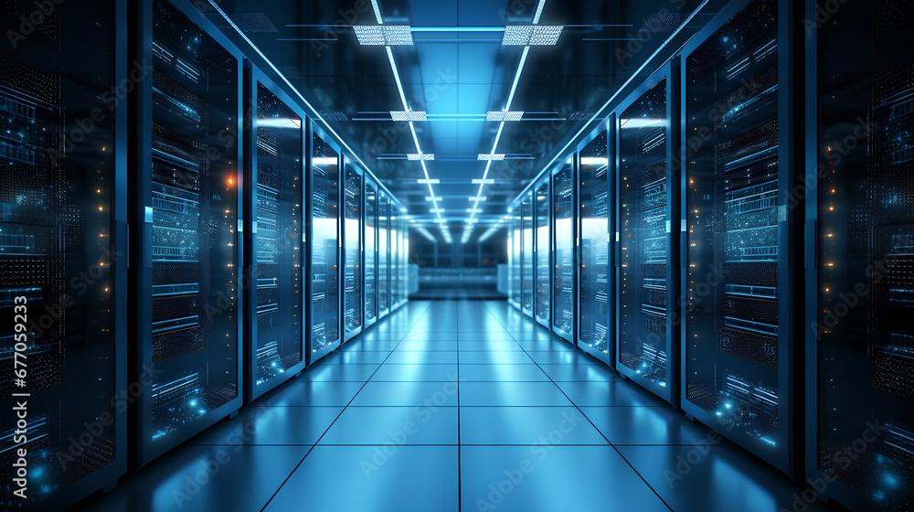 Futuristic computer server equipment stacks in racks and racks in a row Futuristic computer server equipment stacks in racks and racks in a row