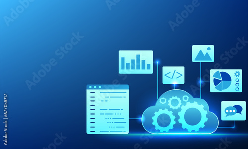 Cloud technology inside has gears along with a screen displaying command codes, charts, and icons.  Software connected to the cloud system. There are orders for industrial business work.