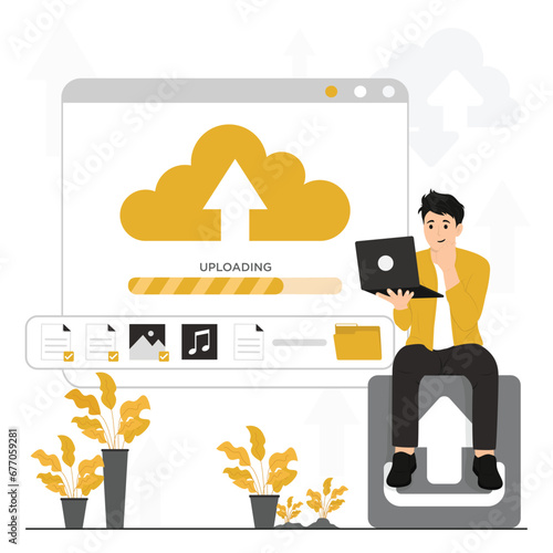 Flat vector upload data paper music into cloud storage,  content manager upload data