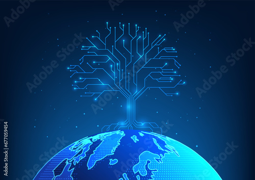 Renewable energy technology The tree is a pattern of technological circuits with branching connections to the world. Media about the use of renewable energy Helps reduce global warming and pollution.