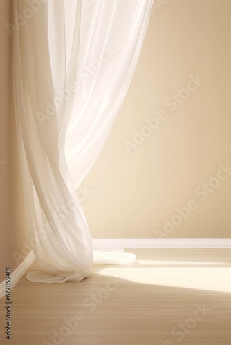 Beautiful sunlight, blowing white sheer curtain from open window on blank beige brown wall, floor, white baseboard for interior design decoration, air, Generative AI
