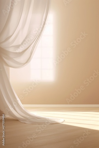 Beautiful sunlight, blowing white sheer curtain from open window on blank beige brown wall, floor, white baseboard for interior design decoration, air, Generative AI