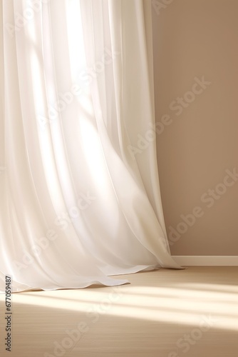 Beautiful sunlight, blowing white sheer curtain from open window on blank beige brown wall, floor, white baseboard for interior design decoration, air, Generative AI photo