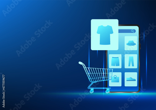E-commerce business technology It is selling products online. Customers can order products all over the world, smartphone screens with products placed along with shopping carts.