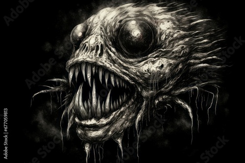 Evil creature drawing. Monster wild tail horror scary demon. Generate Ai photo