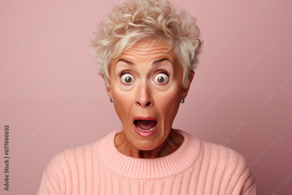 studio portrait of a surprised old woman