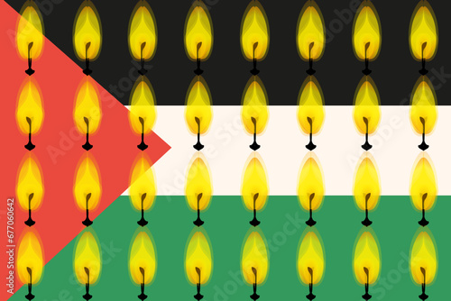 Palestine vs Israel tension. Candle flame on Palestinian flag background.  Pray for Palestine. Protest in Gaza. Vector illustration.