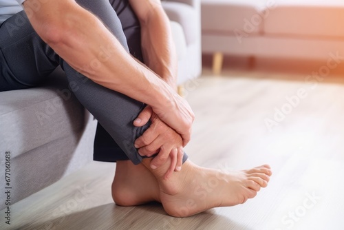 Ankle sprain. Man hold his sprained ankle sitting on the sofa at home. Sprained and swollen ankle care. Injury, Generative AI photo