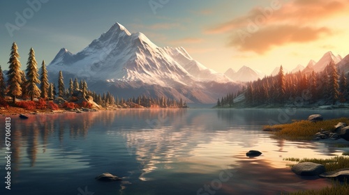A serene mountain lake at dawn, with mist rising from the water, surrounded by pine trees and distant snow-capped peaks in soft morning light.