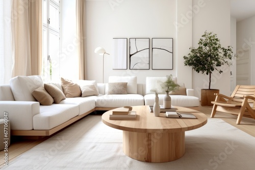 White sofa and wooden coffee table in scandinavian style interior design of modern living room. Generative AI