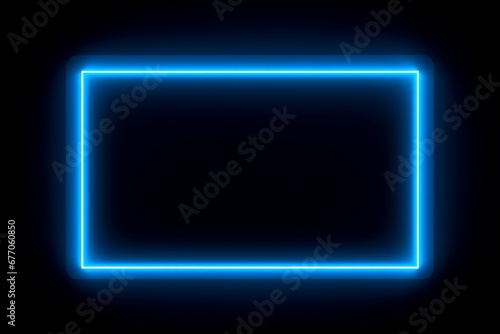 Square rectangle picture frame with blue tone neon color motion graphic on isolated black background. Blue light moving for overlay element. 3D illustration rendering. Empty copy space, Generative AI