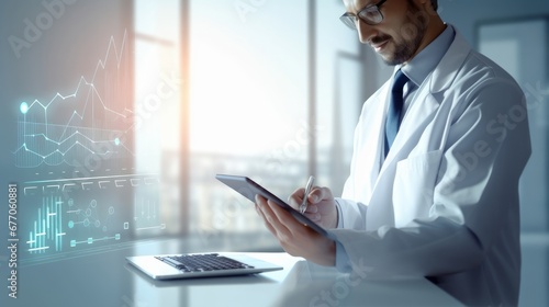 Healthcare business graph data and growth of investment, Doctor using tablet analyzing medical report, Virus pandemic develop attention healthcare, Generative AI