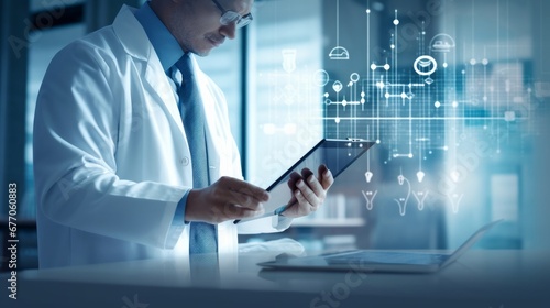 Healthcare business graph data and growth of investment, Doctor using tablet analyzing medical report, Virus pandemic develop attention healthcare, Generative AI photo