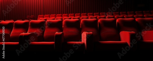 Rows of red velvet seats watching movies in the cinema with copy space banner background. Entertainment and Theater concept. 3D illustration rendering  Generative AI