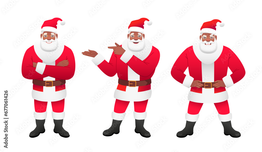 Cheerful black Santa stands with his arms crossed. African Santa Claus points to something with his hand. Angry dissatisfied Santa Cheerful black Santa stands with his arms crossed. African Santa Claus points to something with his hand. Angry dissatisfied Santa