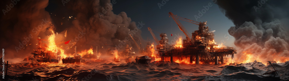 Φωτογραφία Ultra-wide photograph of a disaster on oil rigs in the sea, the concept of an environmental disaster, a threat to the life of marine life