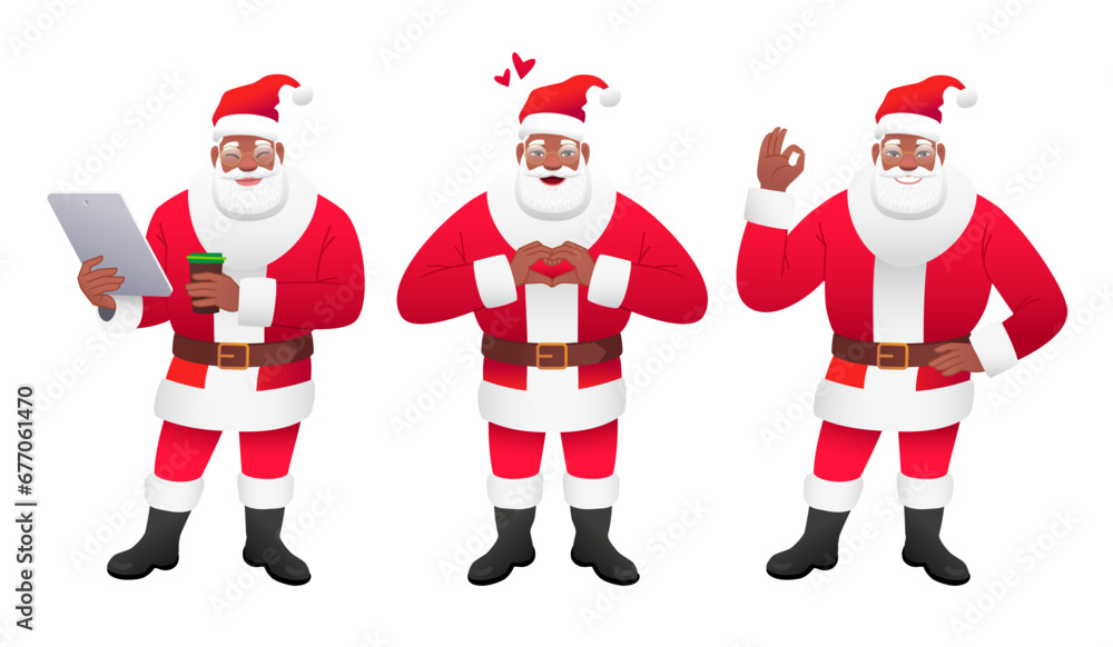 Cute old black Santa Claus with a tablet and a cup of coffee. A loving African gray-haired Santa. Cartoon Santa shows the OK gesture. Cute old black Santa Claus with a tablet and a cup of coffee. A loving African gray-haired Santa. Cartoon Santa shows the OK gesture.